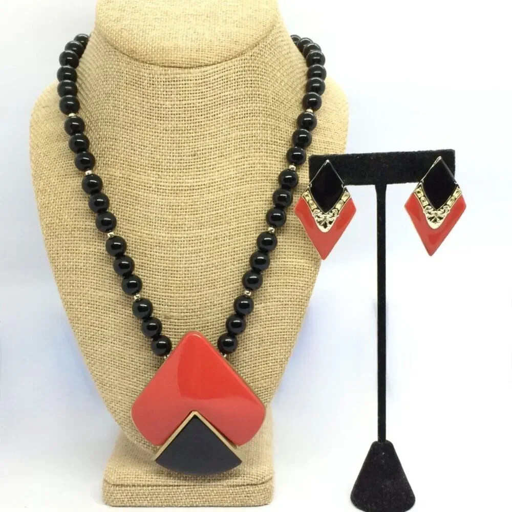 VINTAGE ENAMEL NECKLACE Earrings Set Red Black Geometric 80s Statement